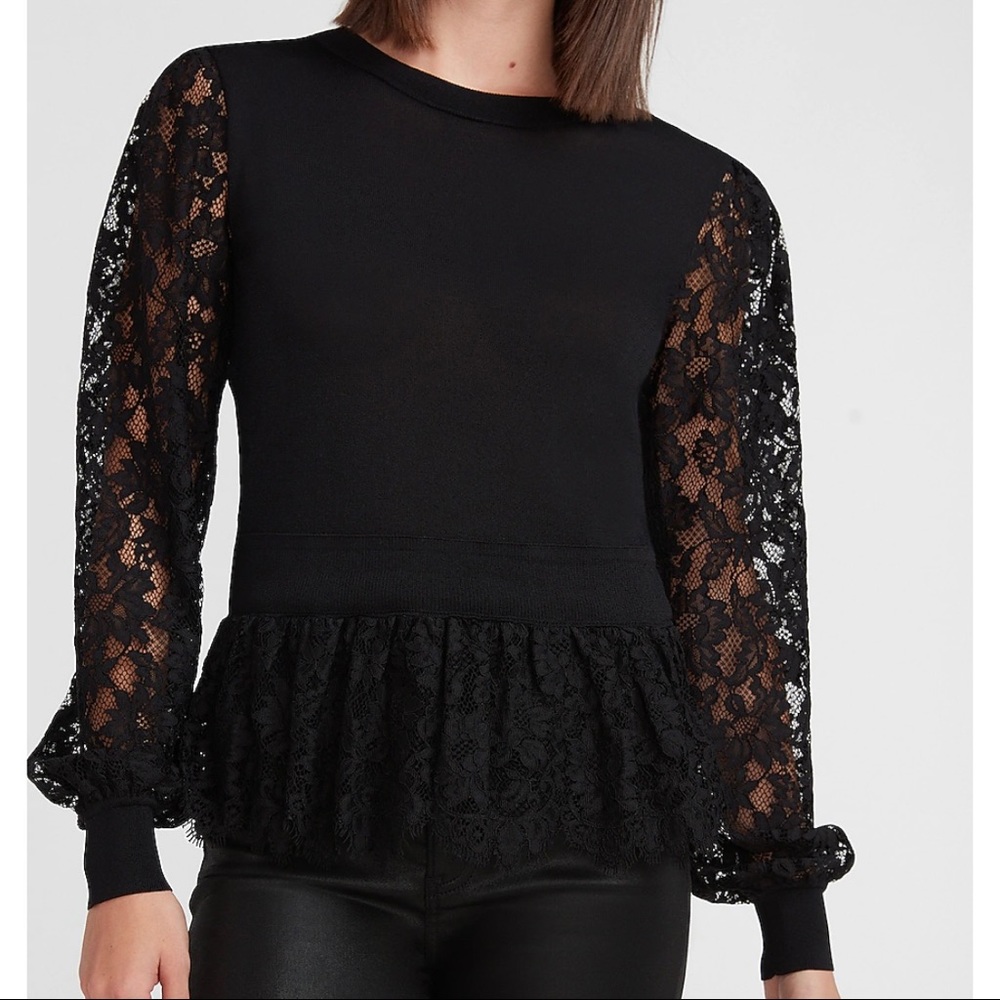 EXPRESS Lace Sleeve Crew Neck Sweater (Size SX)